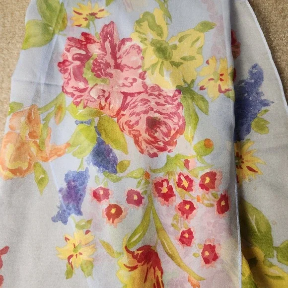 Lauren Ralph Lauren Floral Scarf Blue Sheer Botanical Rose Print 51"L x 11"W - Picture 2 of 6